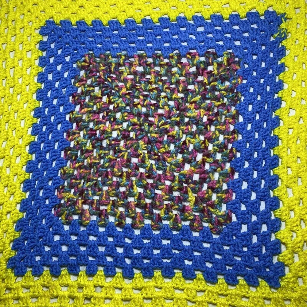 Handmade Crochet‎ Knit Blanket Baby VTG Throw Afghan 33” Square Boho Bright